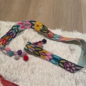Floral Embroidered belt  with Pom Poms from Peru